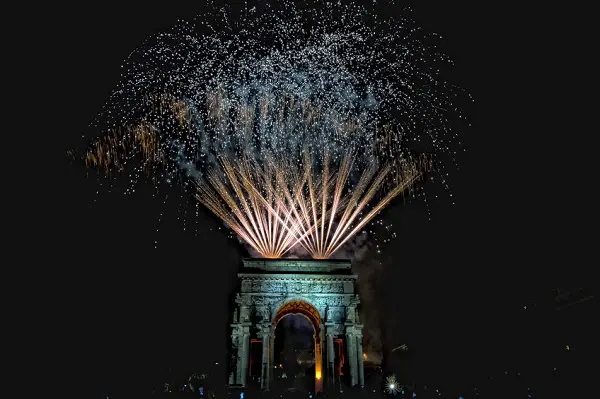 34811299 - happy new year fireworks on triumph arc in genoa italy