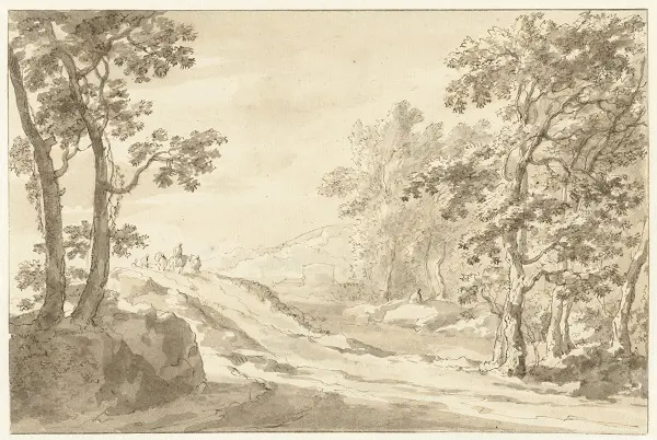 Italiaans landschap met reizigers in de verte, mogelijk Jan Both, 1628 - 1652, Rijksmuseum