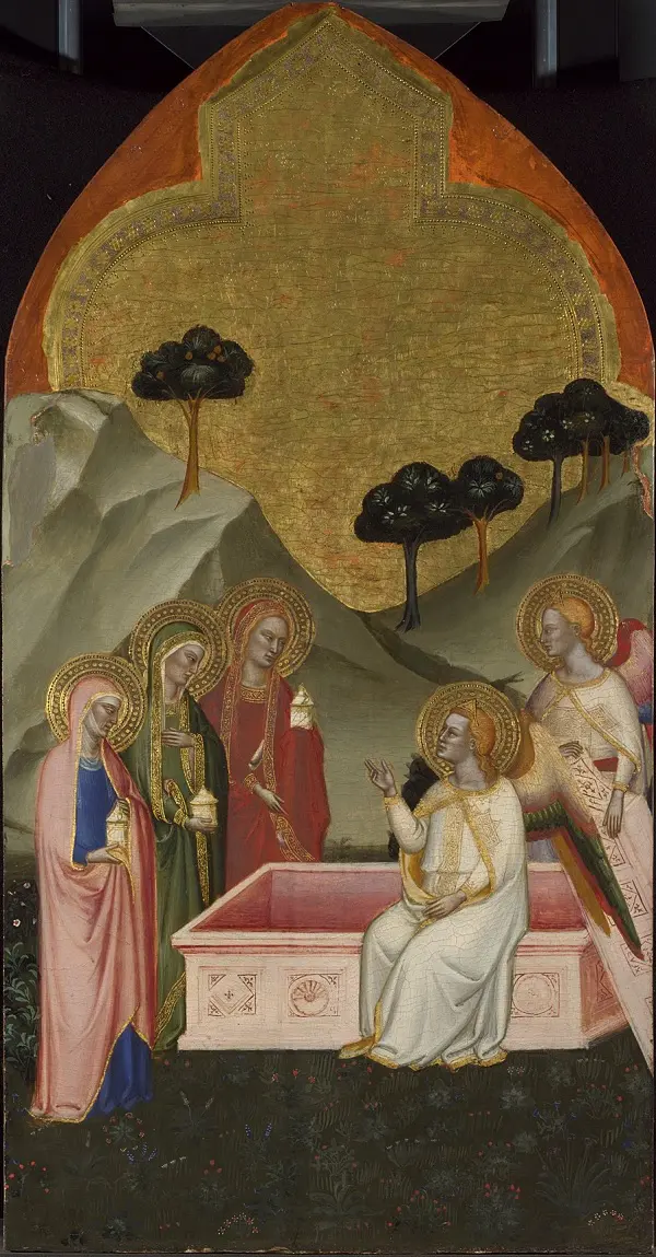Jacopo di Cione, The Three Marys at the Sepulchre Upper Tier Panel, 1370-1, egg Tempera on wood, 95.6 x 49.1 cm © The National Gallery, London