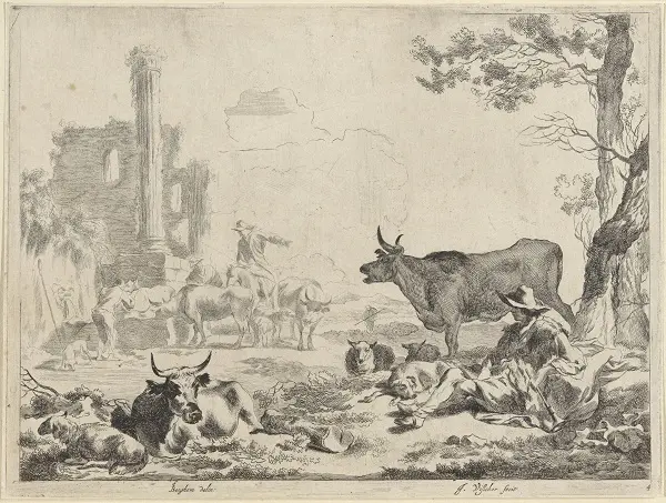 Landschap met herders en vee bij een drinkplaats, Jan de Visscher, Nicolaes Pietersz. Berchem, 1653 - 1706, Rijksmuseum