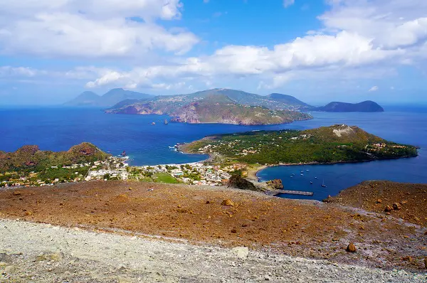 Landscape view of Lipari islands taken from Volcano island, Sicily, Italy