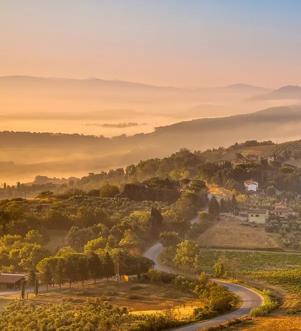 Tuscany Village Landscape near Florence on a Foggy Morning, Italy